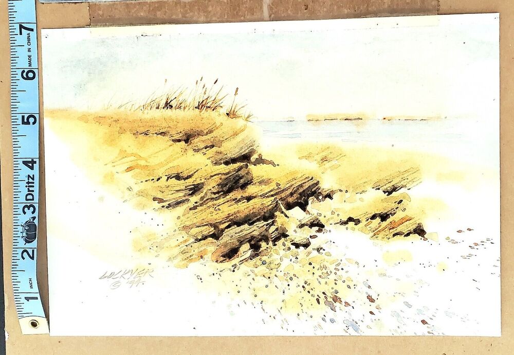 LOCKYER '94 Signed Original Watercolor Painting Rocky Shore Lake Reeds Pond 10x7